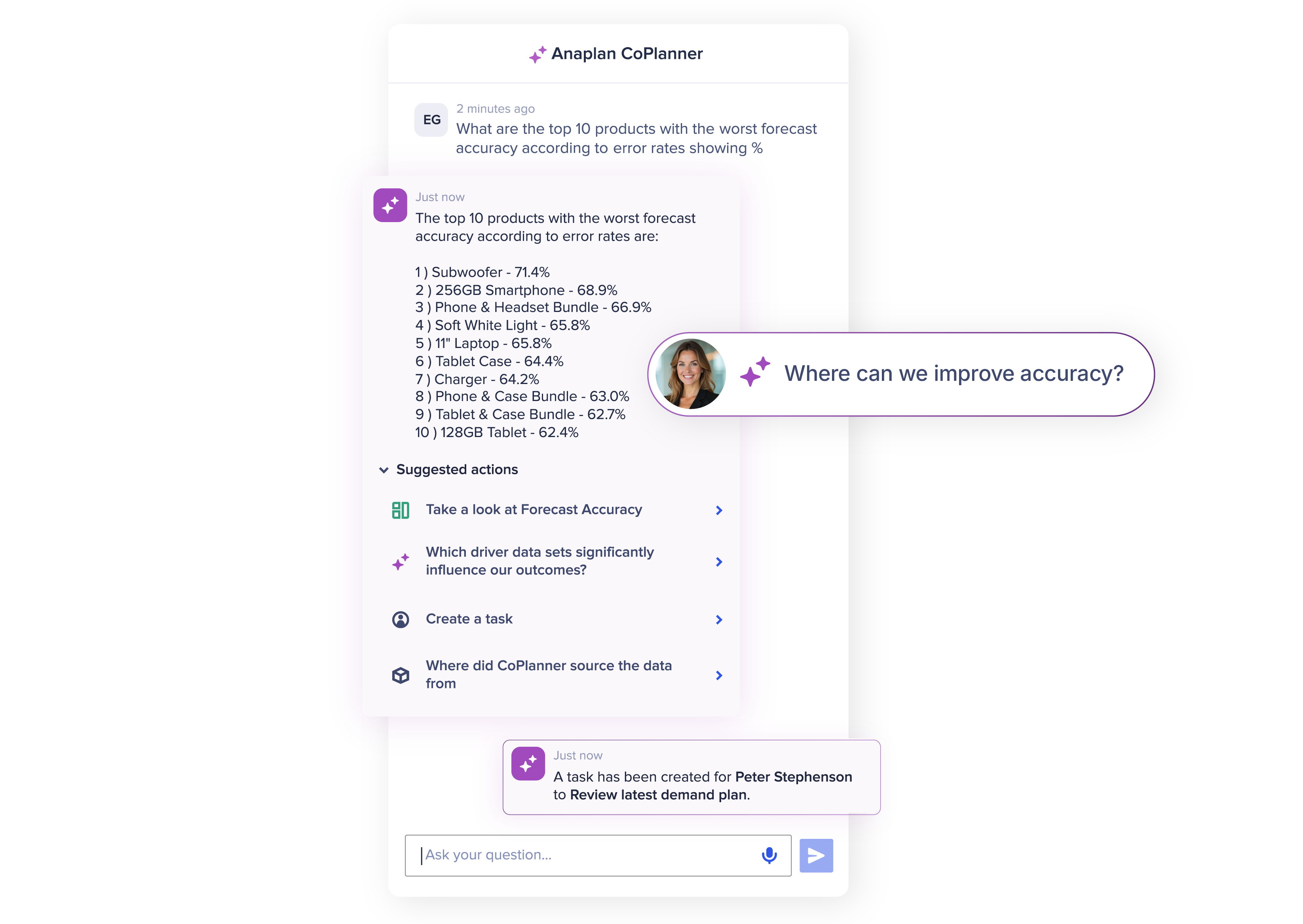 Anaplan AI Coplanner Graphics Anaplan CoPlanner AI chat example showing someone asking where they can improve efficiency and the AI providing recommendations